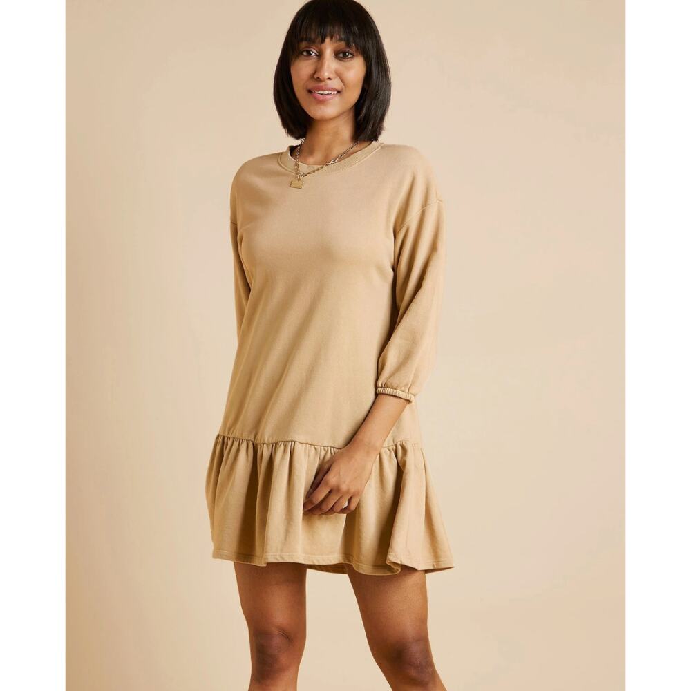 Bershka Comfy Drop Waist Ruffle Mini Dress Camel Tan Fleece Sweatshirt Medium